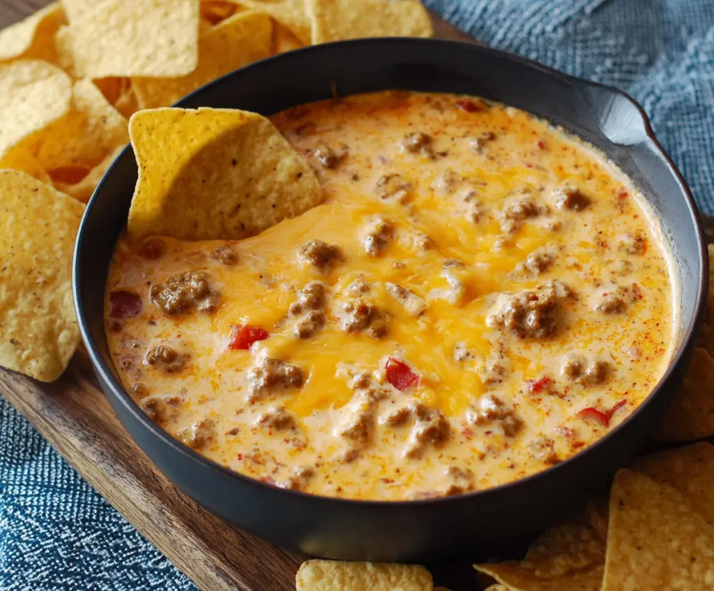 Delicious Cheesy Sausage Rotel Dip served in a bowl, perfect for parties and gatherings.