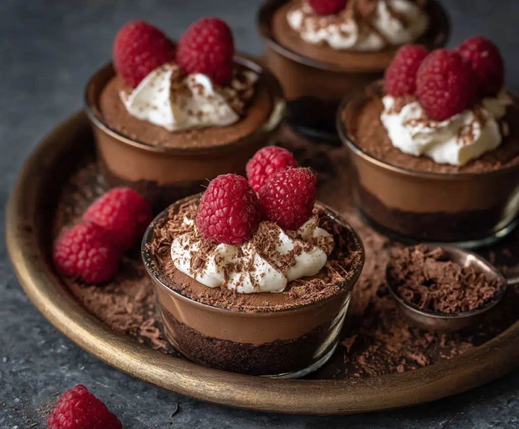 Delicious chocolate raspberry mousse cups topped with fresh raspberries and mint for a decadent dessert.