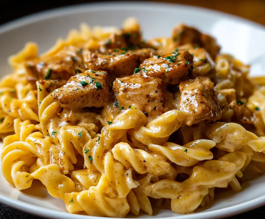 Creamy Cowboy Butter Chicken Pasta topped with fresh herbs, perfect for a hearty outdoor-inspired meal.