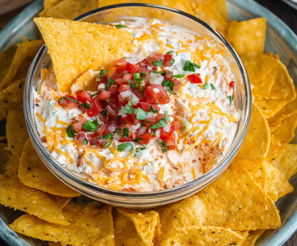 Cream Cheese Salsa Dip served with tortilla chips, perfect for parties and snacks.