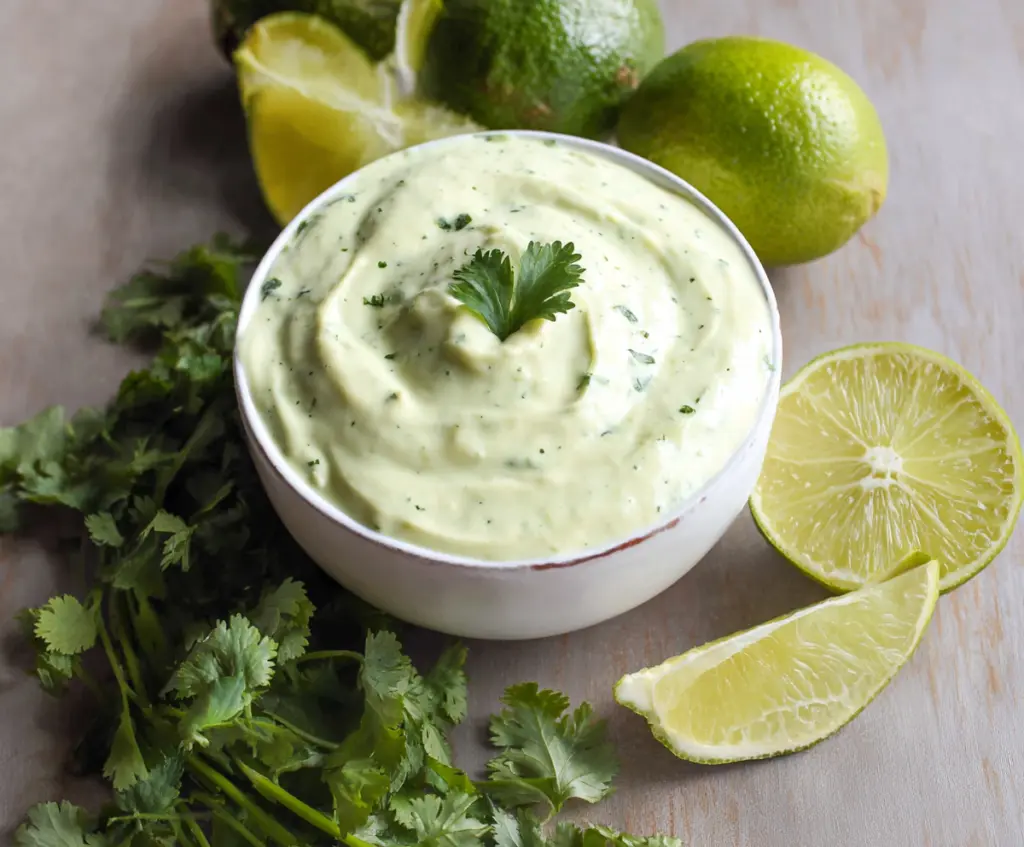 Creamy avocado cilantro lime dip served in a bowl with fresh cilantro and lime wedges.