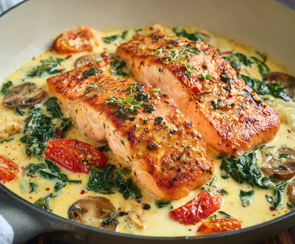 Delicious creamy Tuscan salmon served with fresh herbs and garlic sauce
