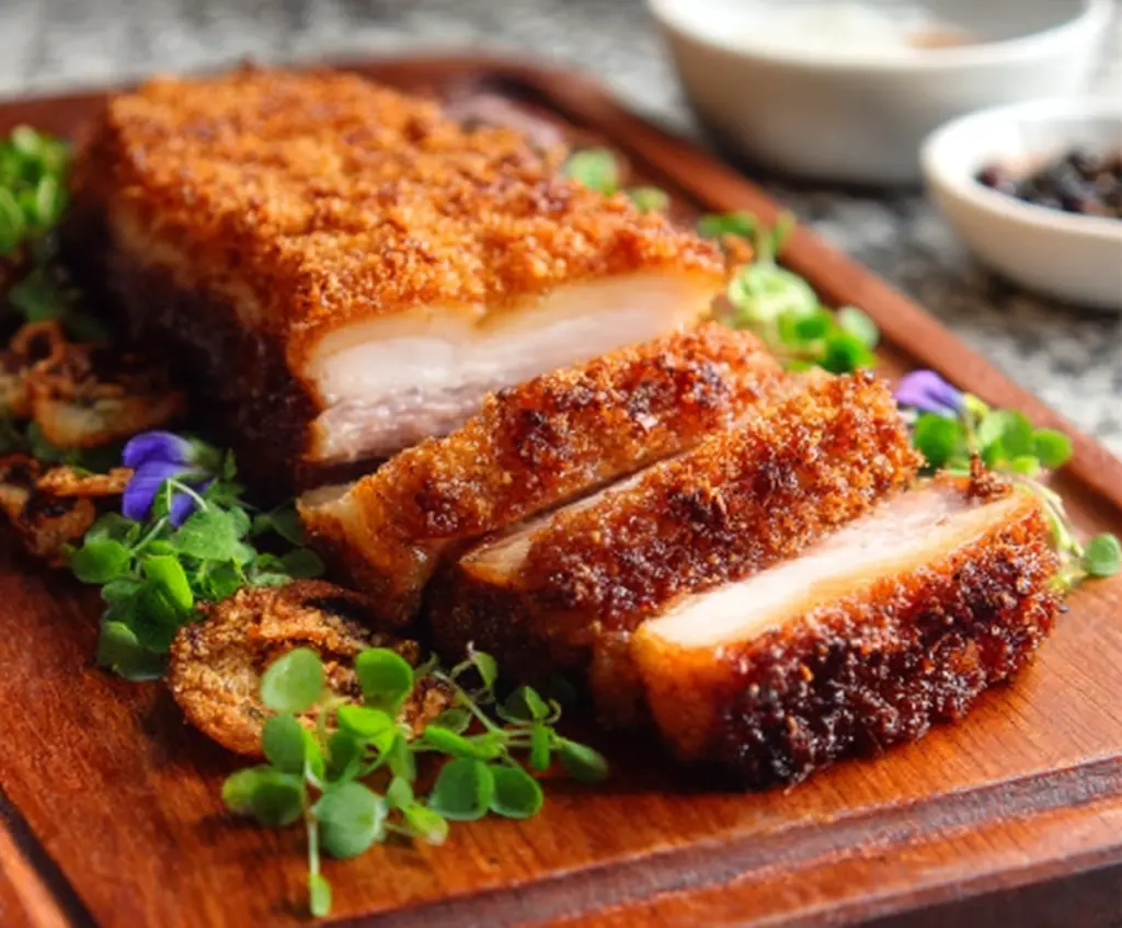 Delicious crispy pork belly with golden crispy skin and tender meat, perfect for a flavorful meal.