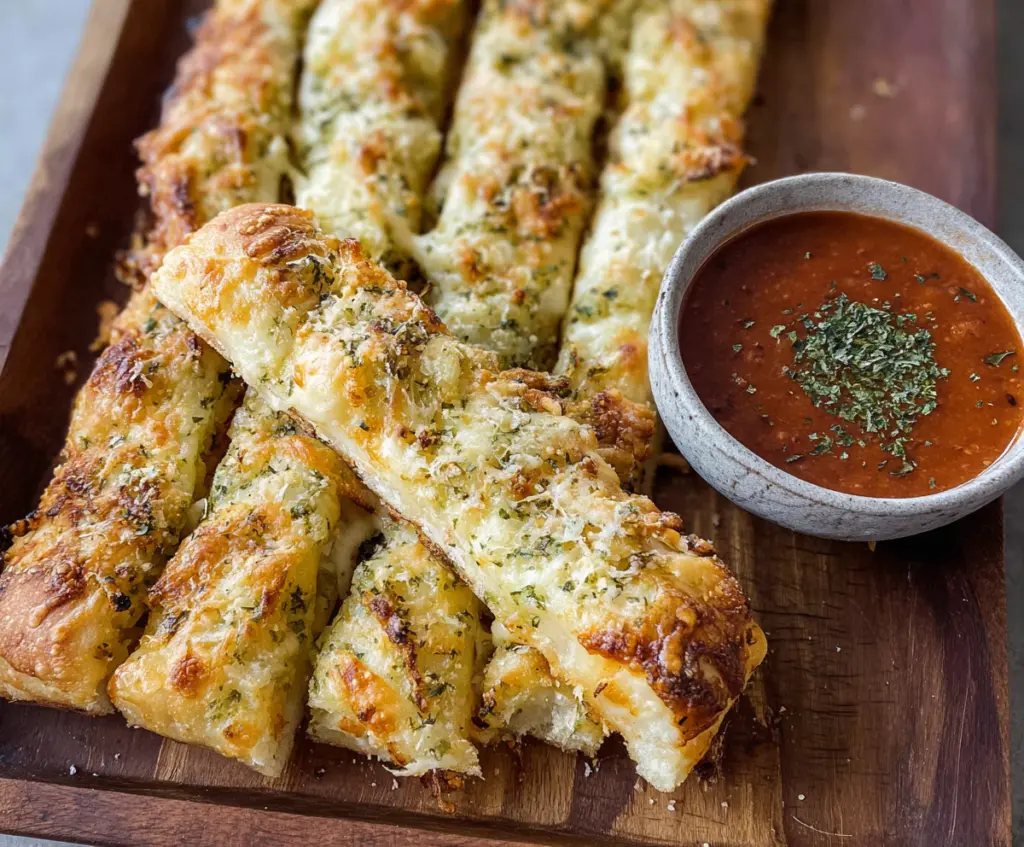 Golden and crispy sourdough cheesy breadsticks topped with melted cheese, perfect for snacks or appetizers.