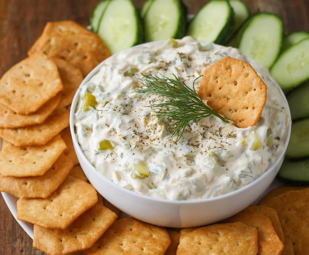 Creamy dill pickle dip served with fresh vegetables, perfect for appetizer or snack.
