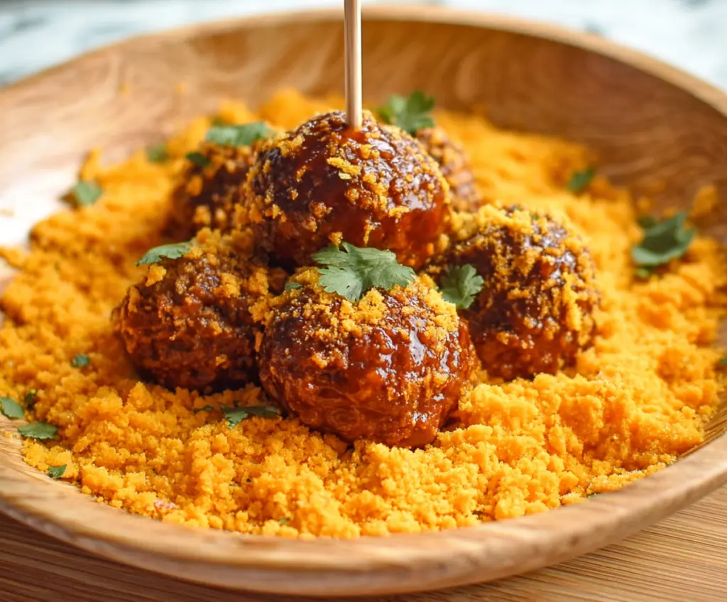 Delicious Dorito meatballs served on a plate, garnished with herbs, perfect for snack or appetizer.