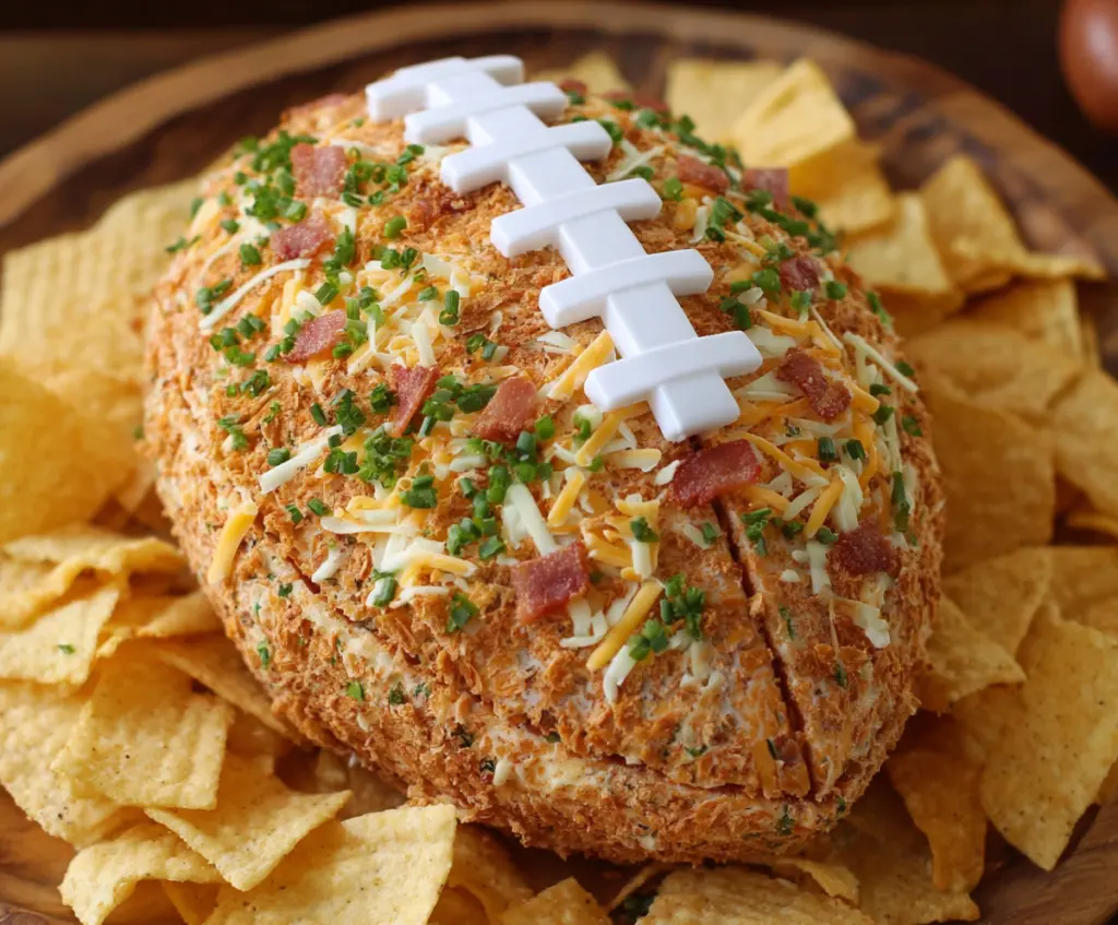 Cheese ball shaped like a football for a festive party appetizer.