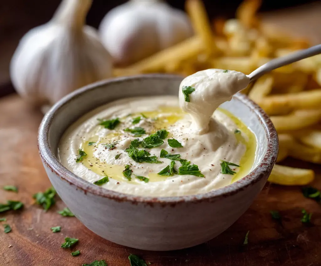 Creamy garlic aioli sauce in a small bowl, perfect for dipping and spreading.