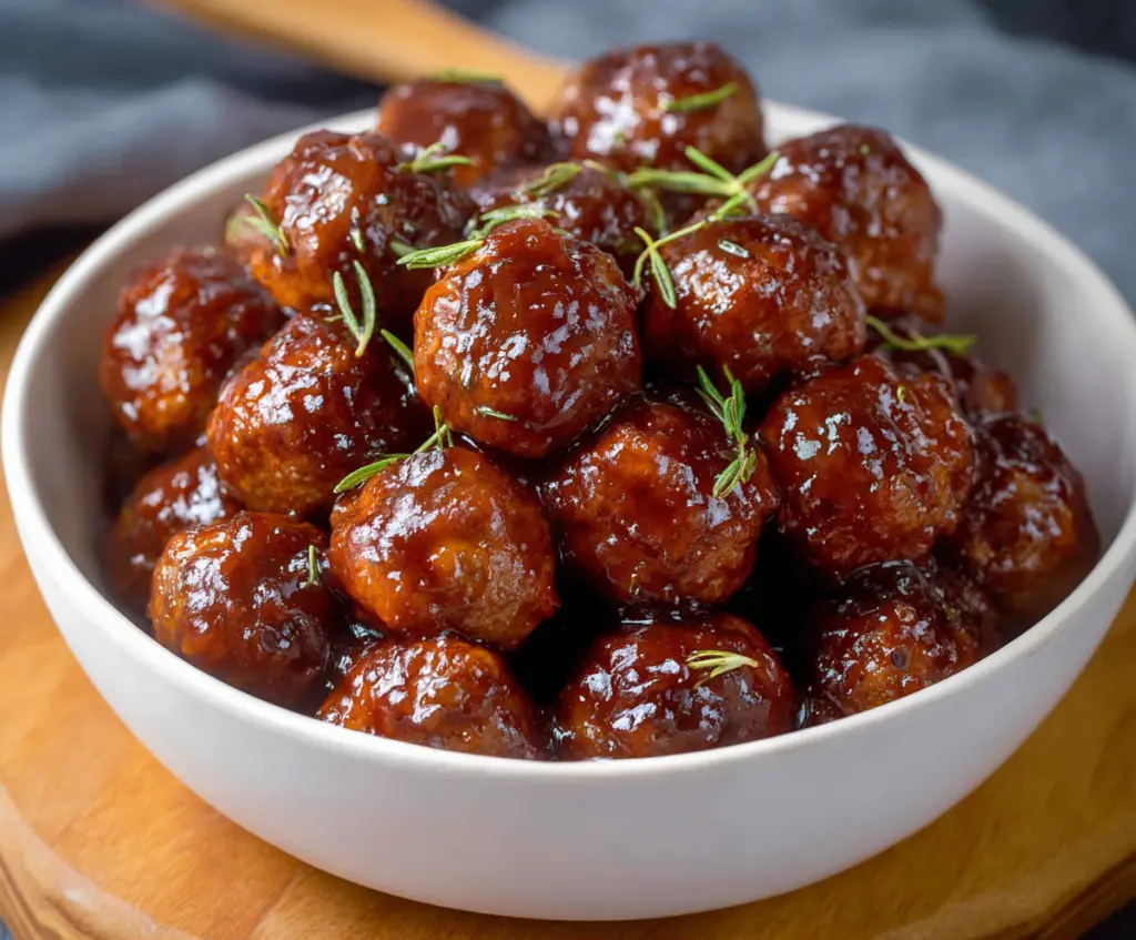 Delicious grape jelly meatballs served on a platter perfect for parties and gatherings.