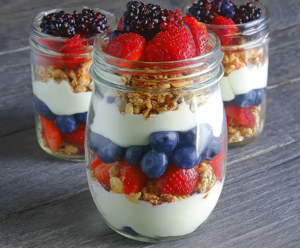 Delicious Greek Yogurt Berry Parfaits layered with fresh strawberries blueberries and granola