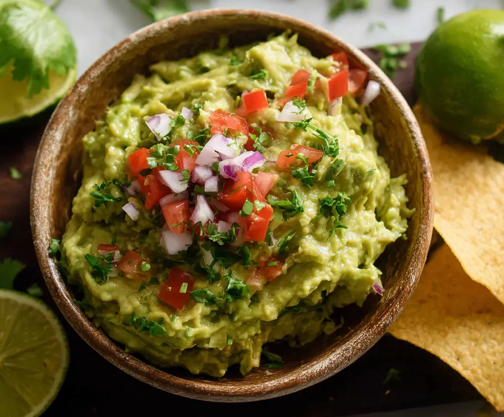 Creamy homemade guacamole with ripe avocados, tomatoes, onions, and fresh cilantro in a bowl