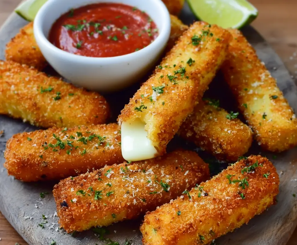Crispy homemade mozzarella sticks served with marinara sauce on a wooden platter.
