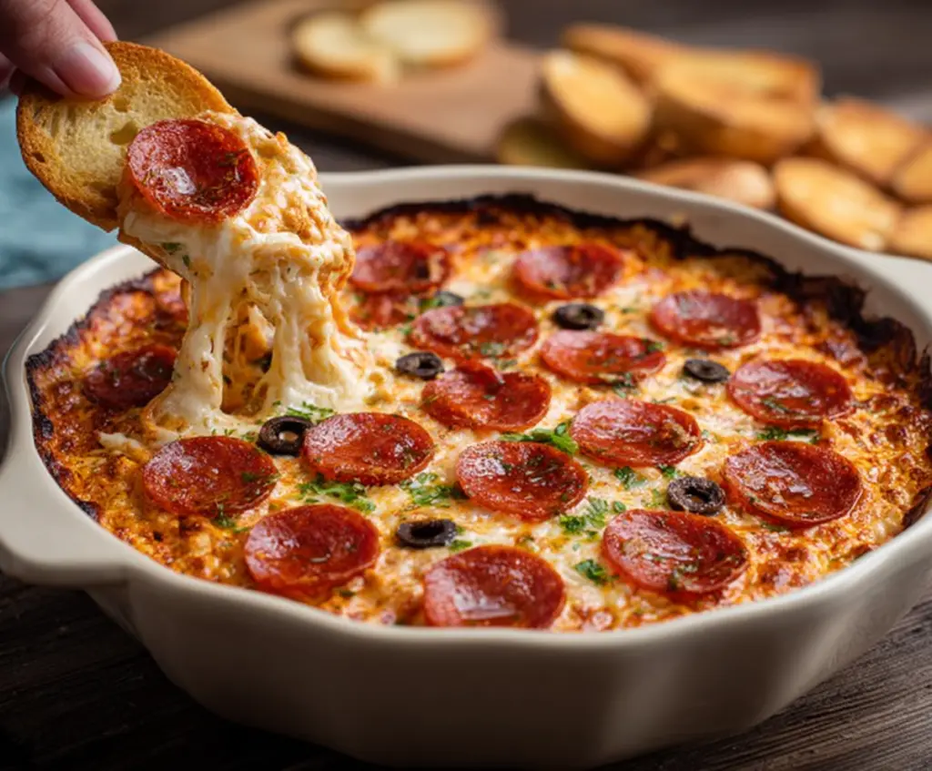 Creamy hot pizza dip with melted cheese, pepperoni, and fresh herbs in a serving dish.