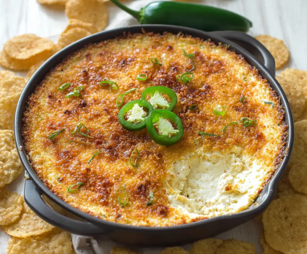 Creamy jalapeño popper dip with melted cheese and crispy topping in a serving dish