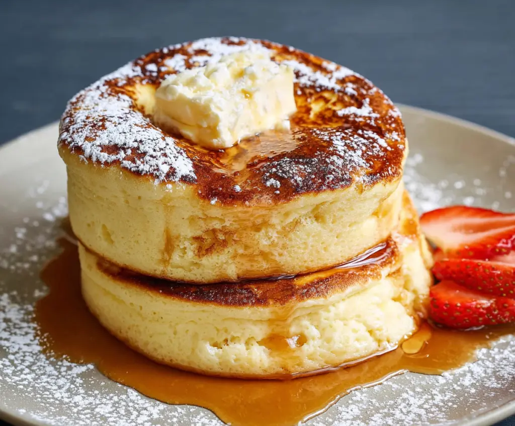 Delicious fluffy Japanese soufflé pancakes stacked on a plate, served with fresh fruits and syrup.