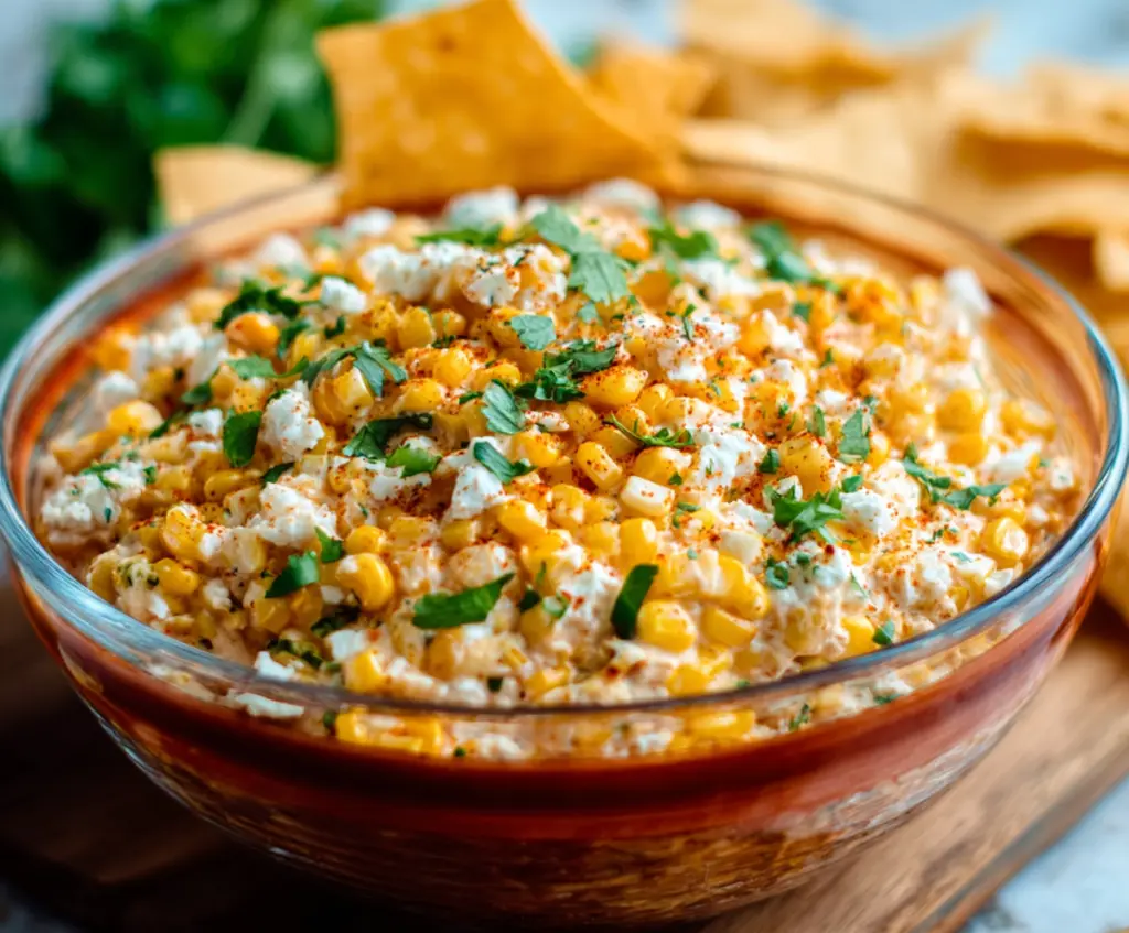 Delicious Mexican Street Corn Dip topped with cotija cheese, cilantro, and lime slices, served in a bowl.