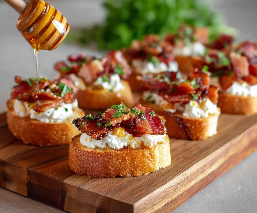 Golden brown Million Dollar Bacon Crostini topped with melted cheese and herbs on a rustic wooden serving platter.