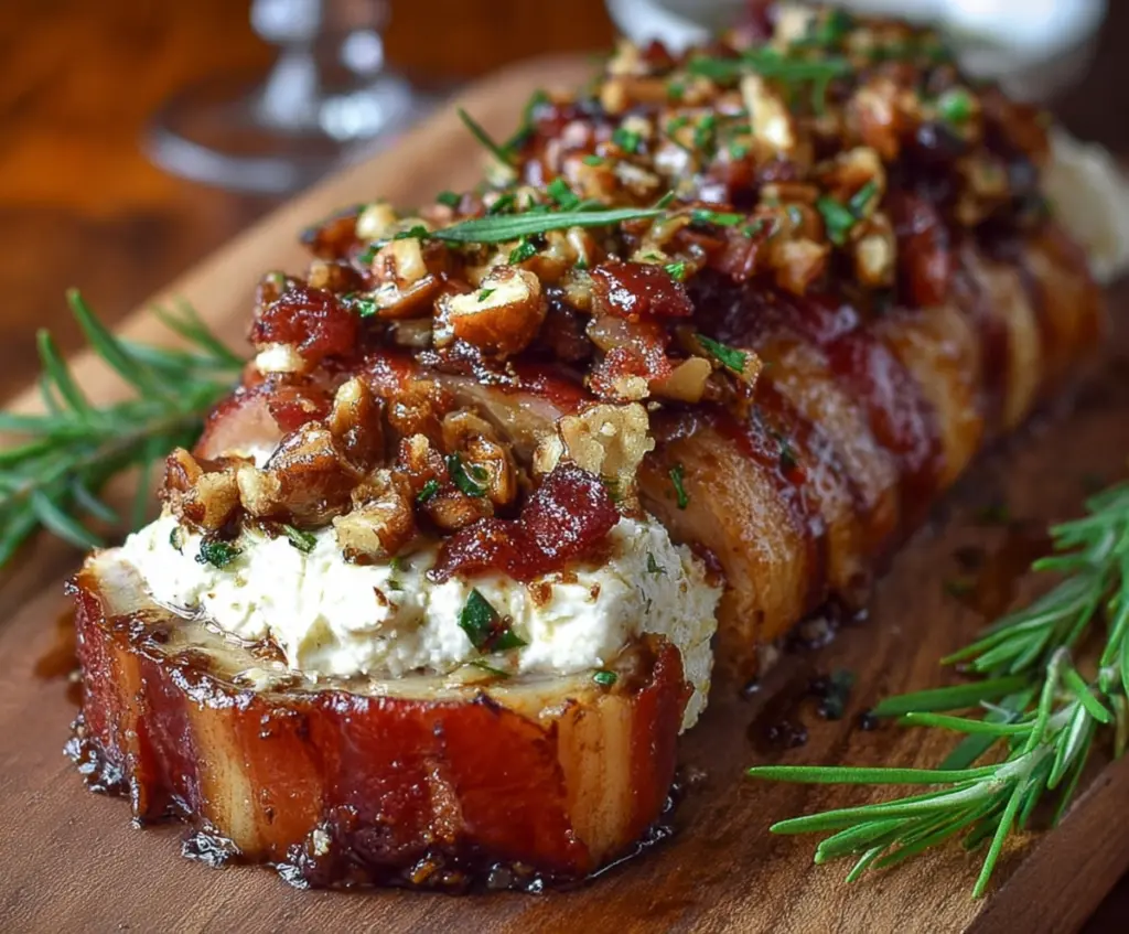 Delicious Million Dollar Bacon Goat Cheese Appetizer Log sliced and ready to serve. Perfect appetizer for parties and gatherings.