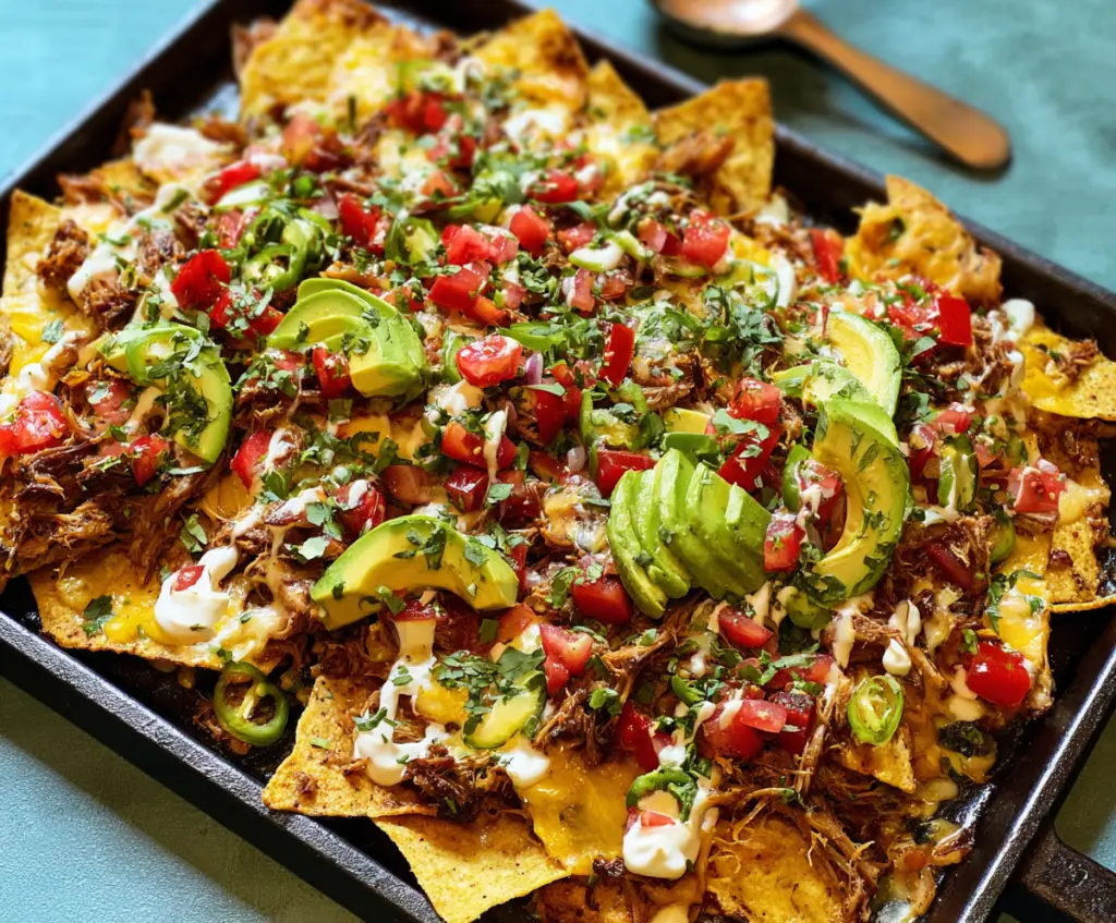 Delicious pulled pork nachos topped with melted cheese, jalapenos, and fresh cilantro on a serving platter.