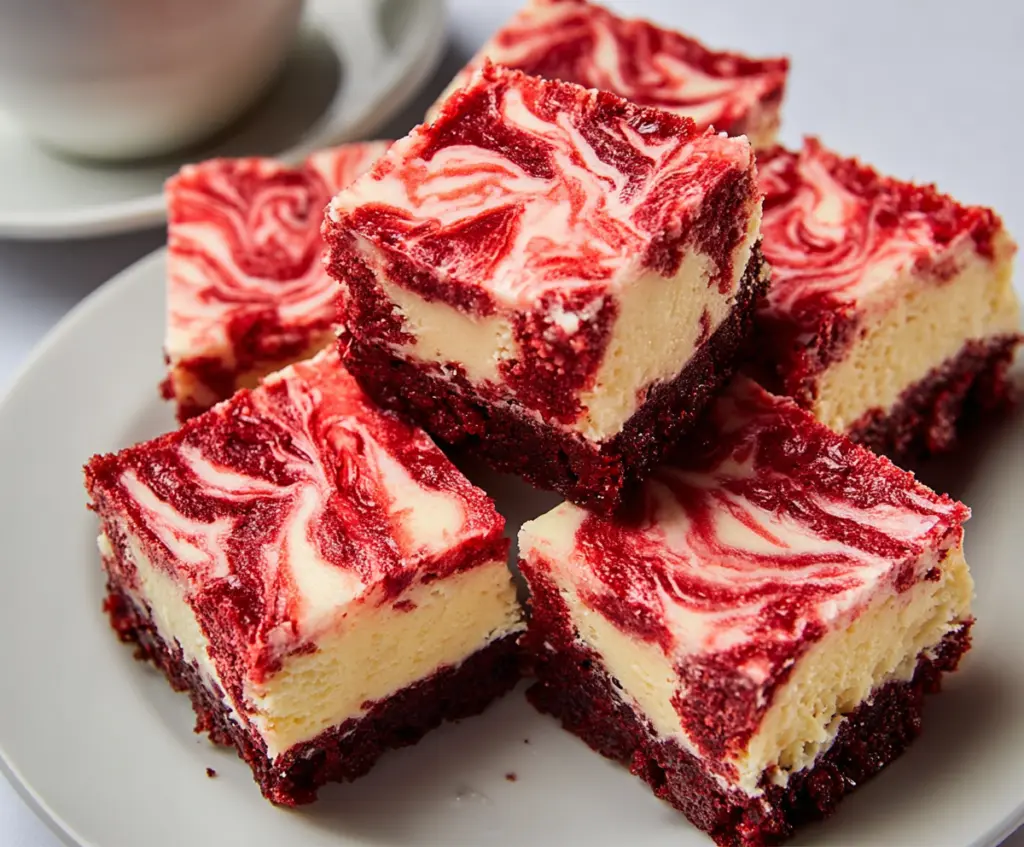 Delicious red velvet cheesecake bars with creamy topping and vibrant red color on a serving plate