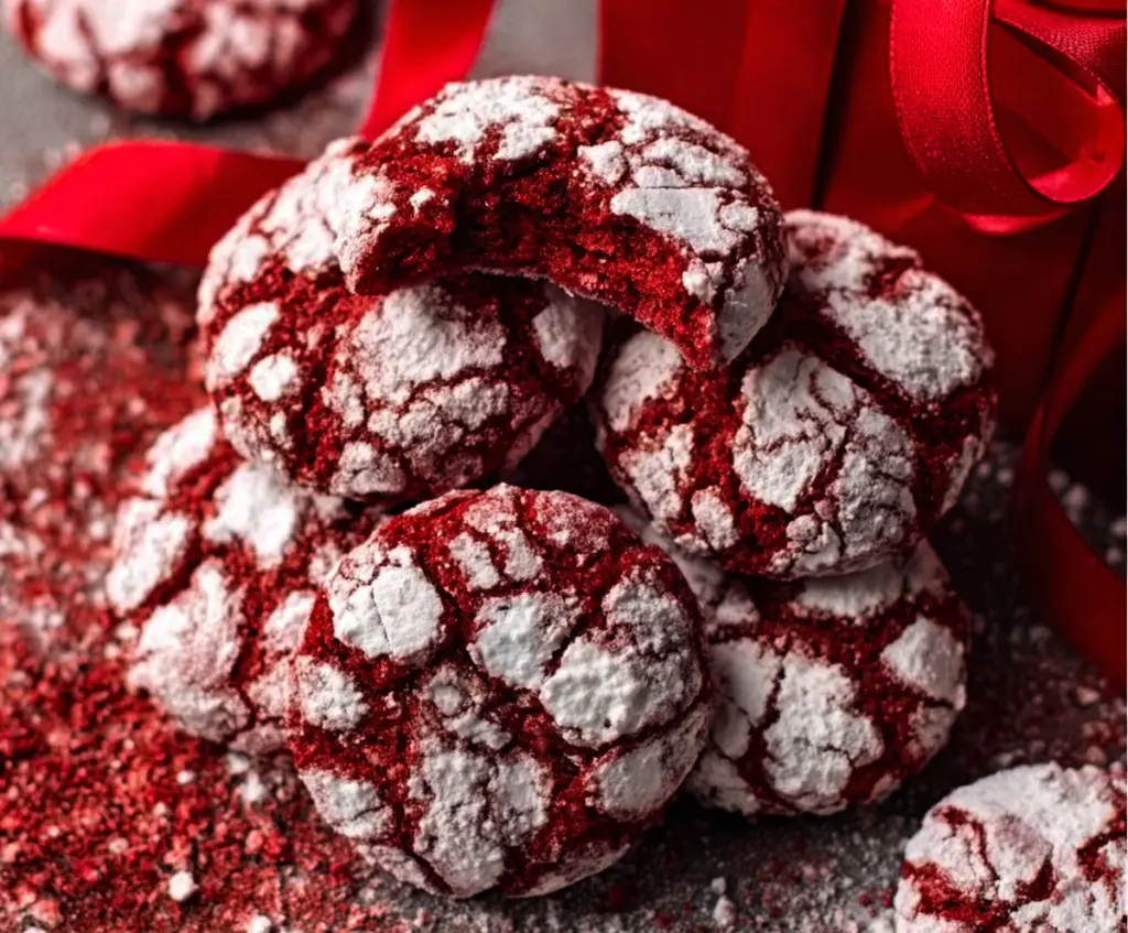 Delicious red velvet crinkle cookies dusted with powdered sugar and arranged on a plate.