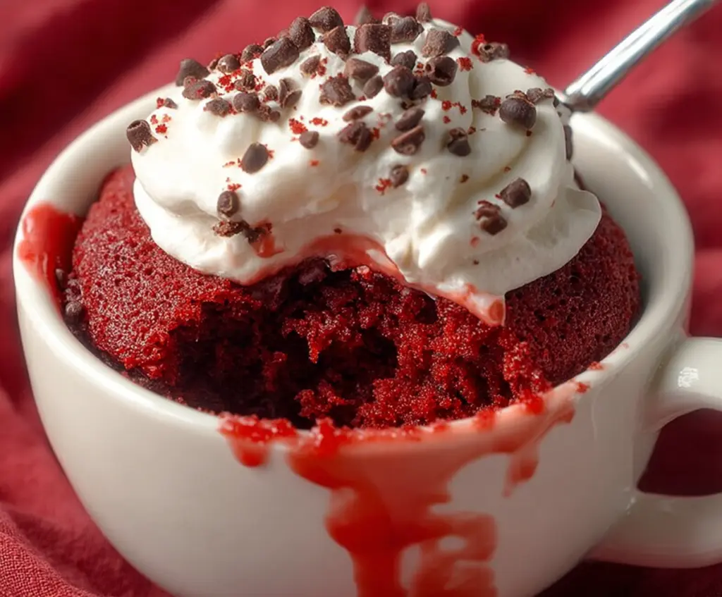 Delicious Red Velvet Mug Cake served in a mug, perfect for a quick dessert.
