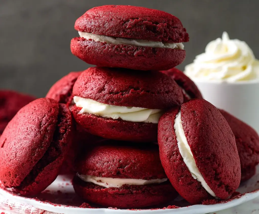 Delicious red velvet whoopie pies with creamy filling on a rustic platter