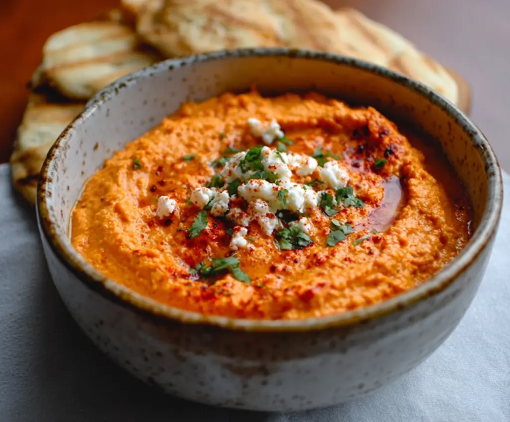 Creamy roasted red pepper and feta dip served with fresh vegetables on a platter