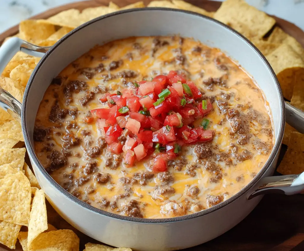 Delicious Rotel dip with seasoned ground beef served in a bowl, perfect for parties and gatherings.