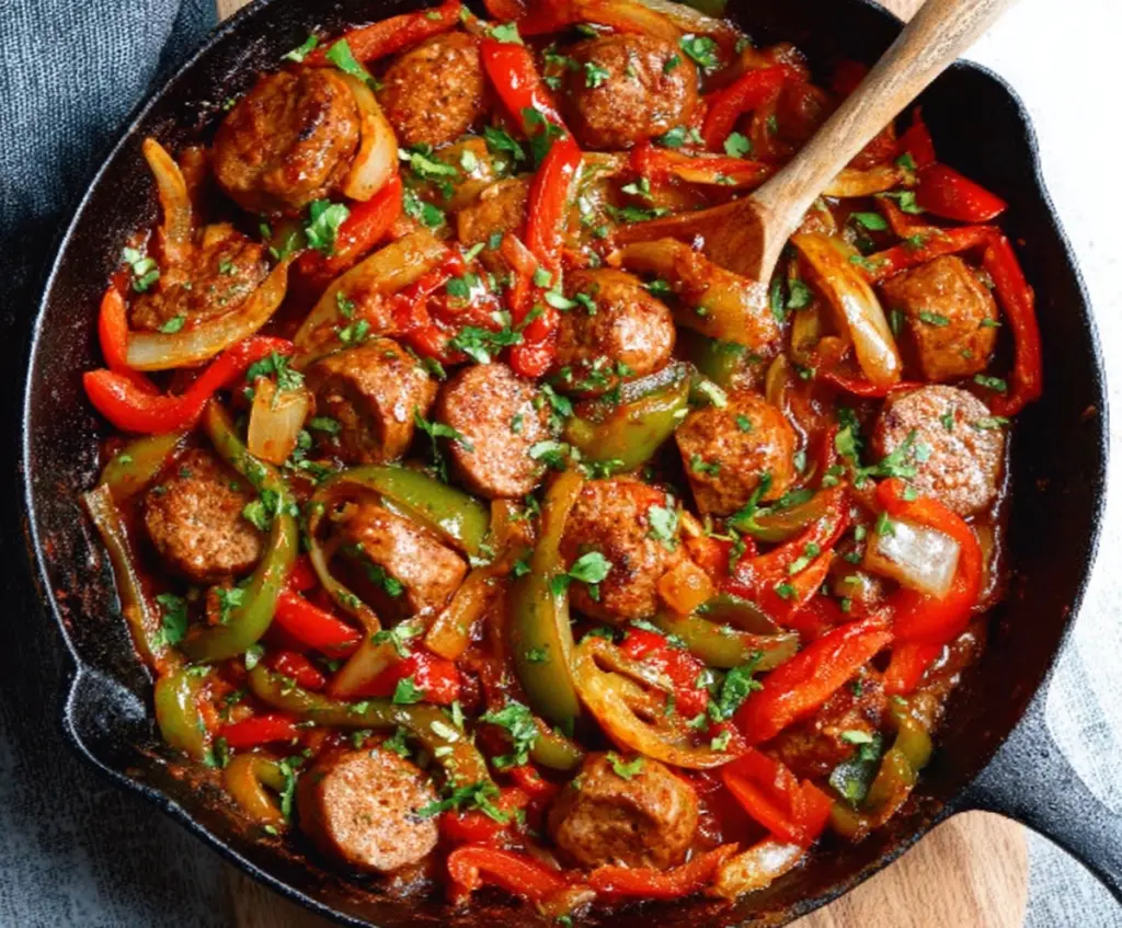 Delicious sausage and colorful bell peppers cooking in a skillet, perfect for a hearty meal.