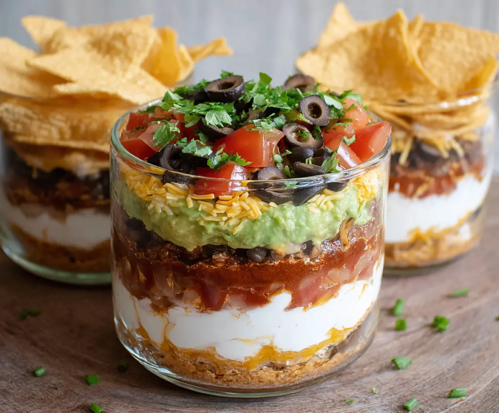 Colorful seven-layer dip with cheese, guacamole, salsa, sour cream, olives, and green onions in a clear serving dish.