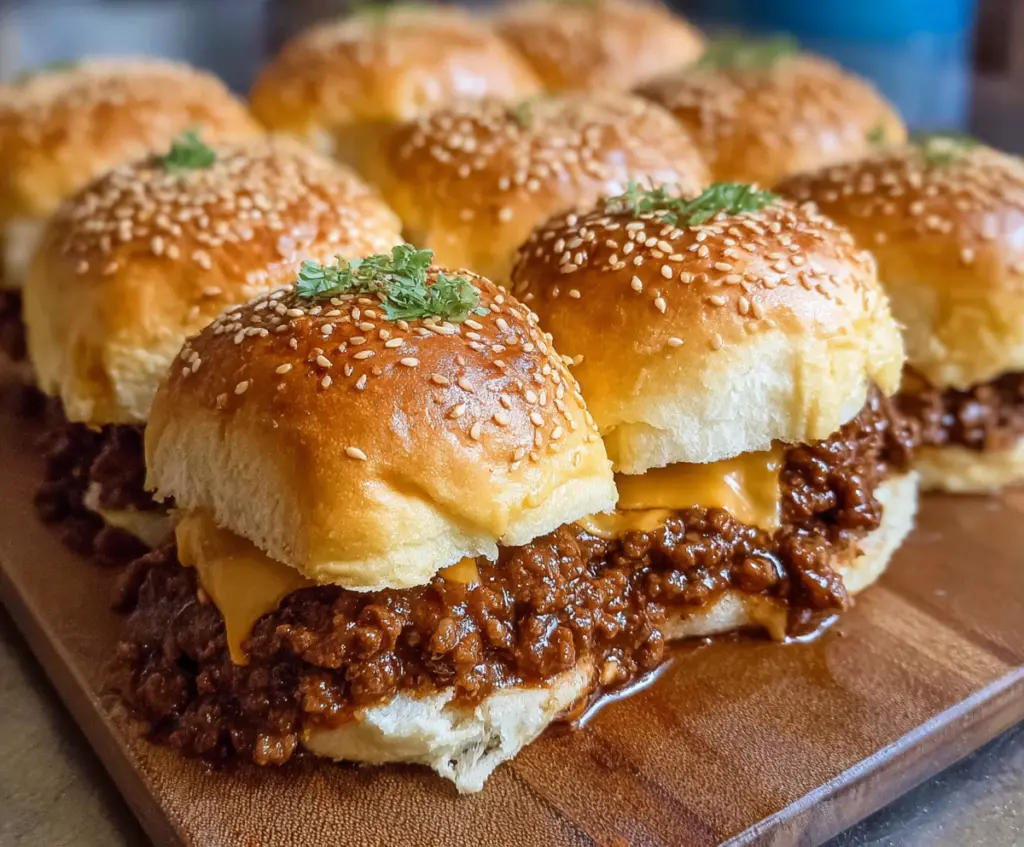 Delicious Sloppy Joe sliders topped with melted cheese on a serving platter.