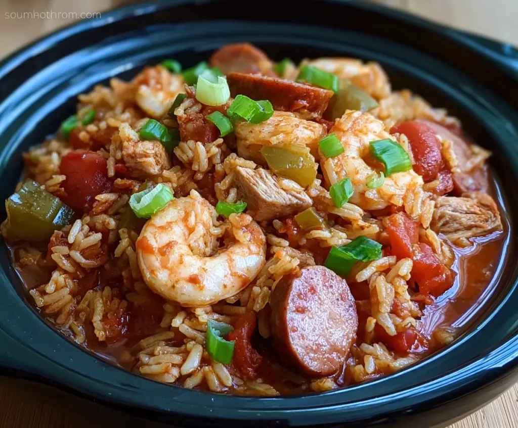 Delicious slow cooker jambalaya with smoked sausage, shrimp, and colorful vegetables served in a bowl.