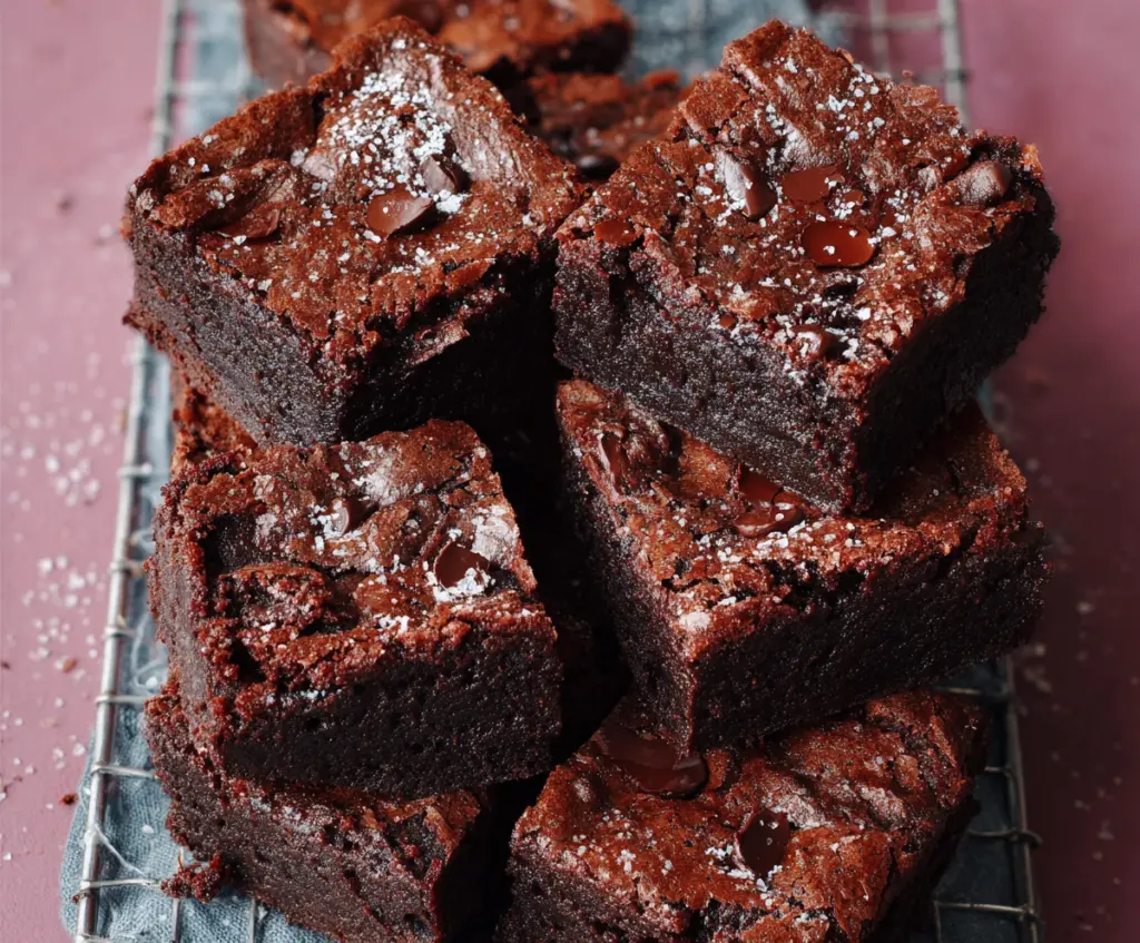 Delicious sourdough discard brownies served on a plate with a glass of milk.