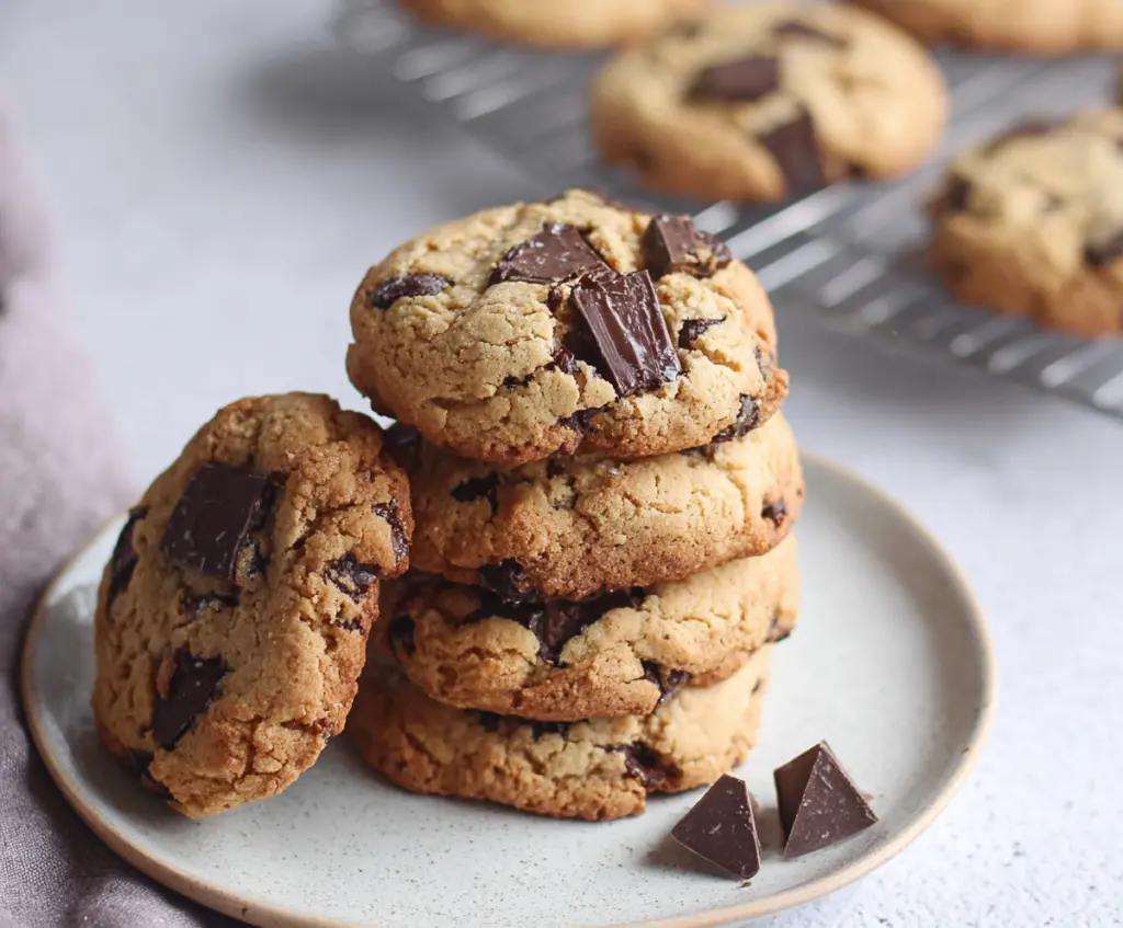 Delicious homemade sourdough discard chocolate chip cookies on a baking tray.