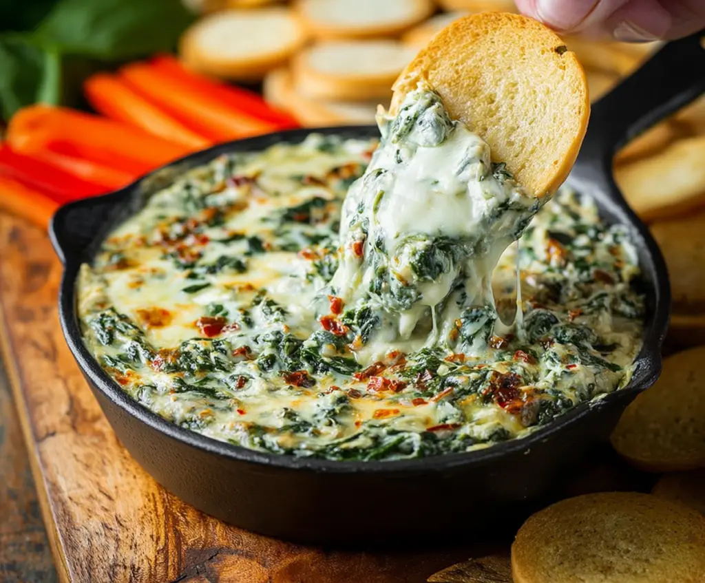Creamy spinach dip in a bowl, garnished with fresh herbs, perfect for parties and appetizers.