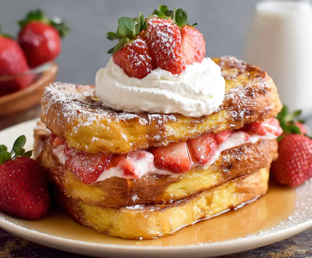 Delicious strawberries and cream French toast topped with fresh strawberries and whipped cream.