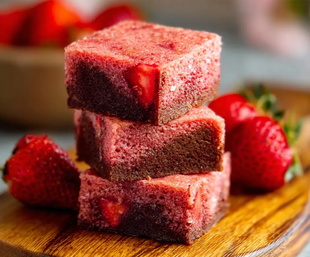 Delicious strawberry brownies with a rich chocolate base topped with fresh strawberries