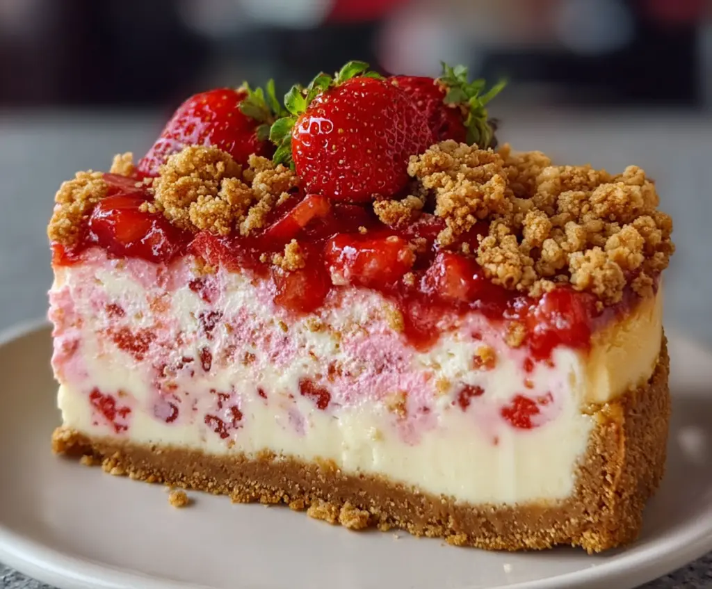 Delicious strawberry crunch cheesecake with creamy layers and crunchy topping