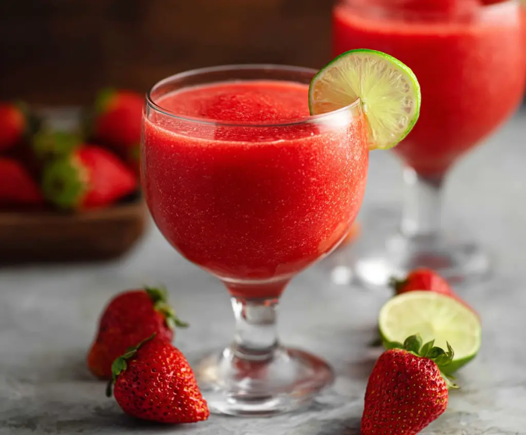 Refreshing strawberry daiquiri in a glass, garnished with fresh strawberries and mint leaves.