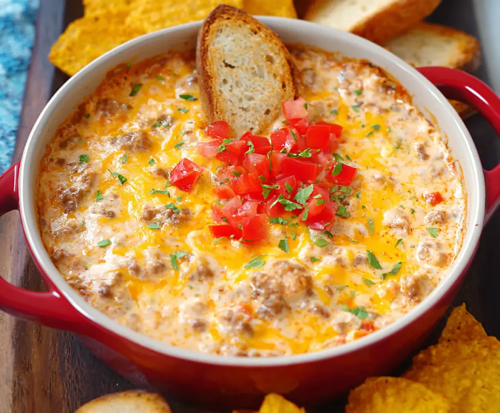 Creamy Velveeta Spicy Sausage Dip served with tortilla chips on a colorful platter.