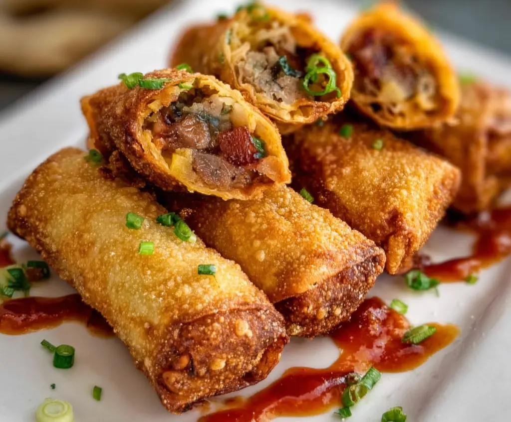 Crispy Voodoo Egg Rolls filled with savory ingredients served with dipping sauce.