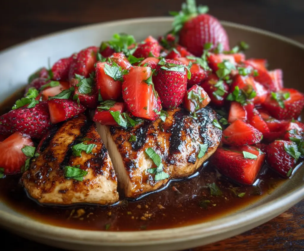 Delicious Balsamic Glazed Chicken topped with fresh strawberries on a serving plate.