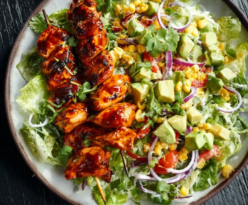 Grilled BBQ chicken skewers served on a fresh salad with colorful vegetables.