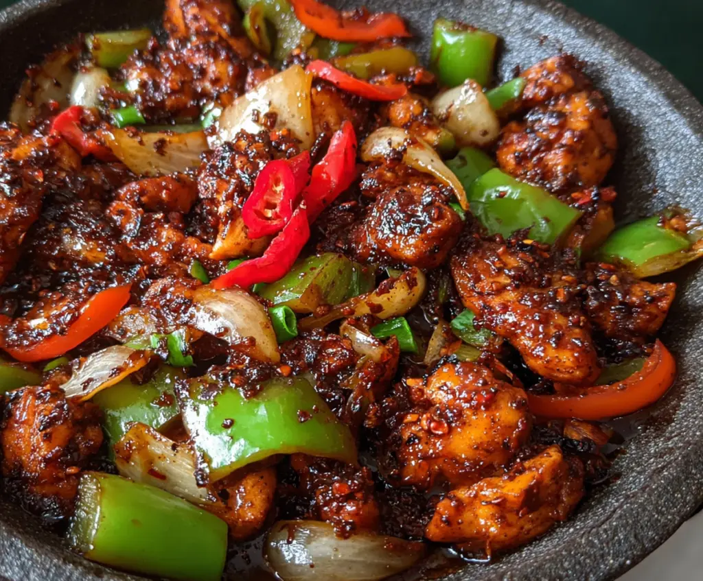 Delicious black pepper chicken stir-fry with juicy chicken pieces and aromatic black pepper sauce.