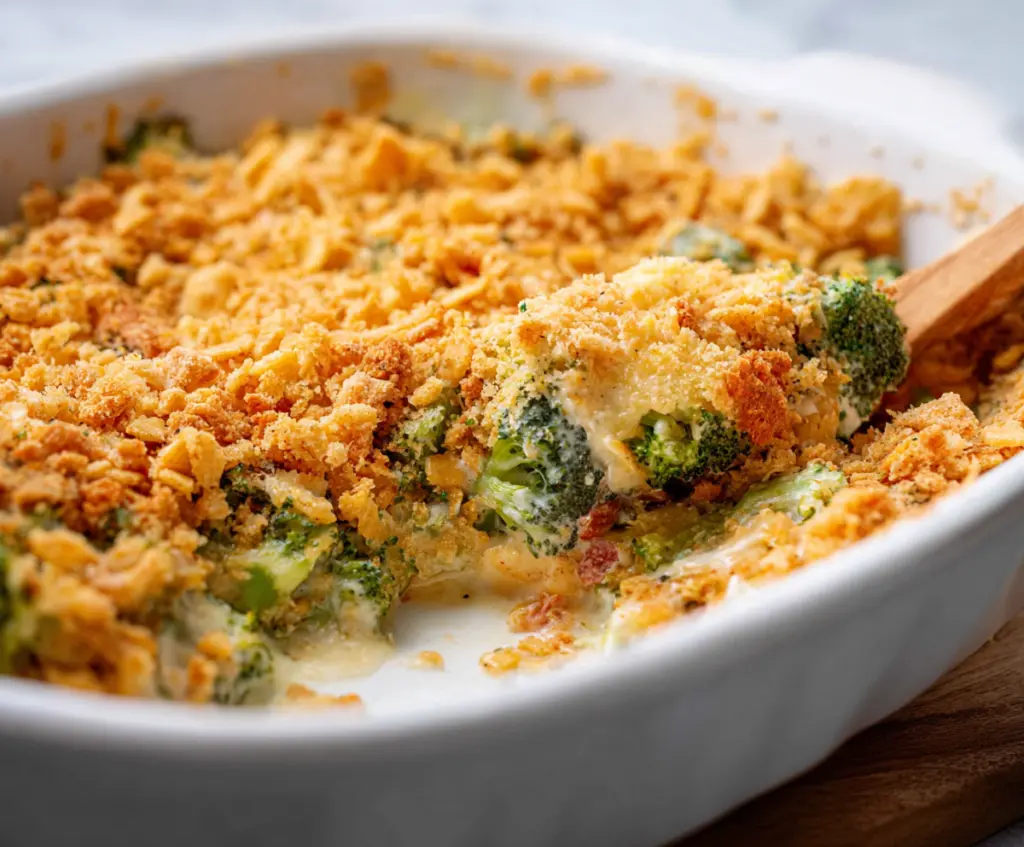 Delicious broccoli casserole topped with crunchy Ritz crackers for a savory baked side dish.