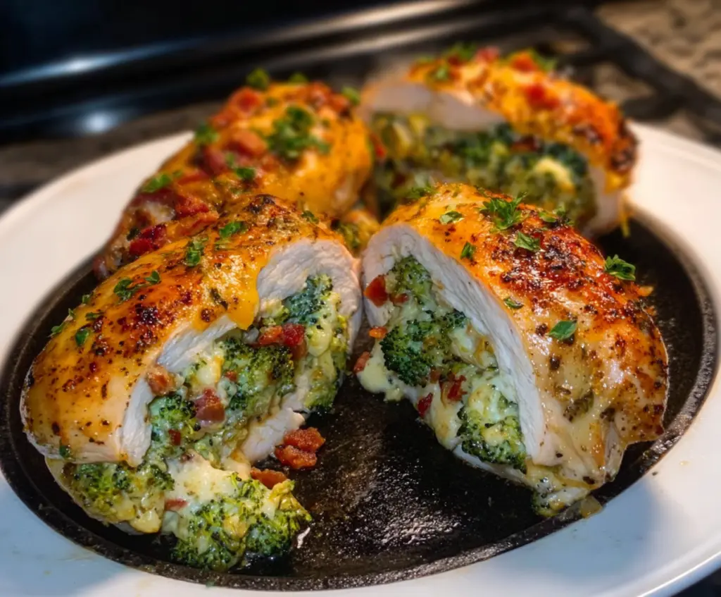 Delicious broccoli stuffed chicken breast served on a plate, showcasing a juicy, flavorful meal with fresh broccoli filling.