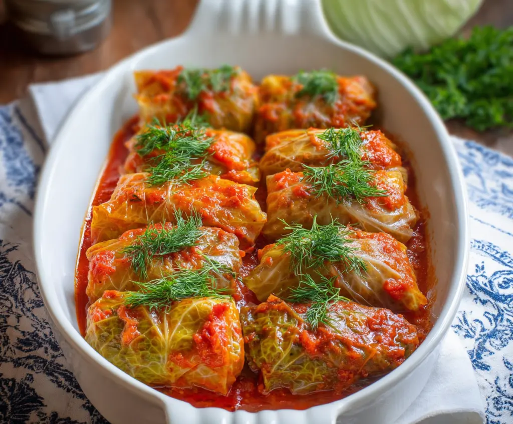 Delicious homemade cabbage rolls stuffed with rice and meat, ready to serve.