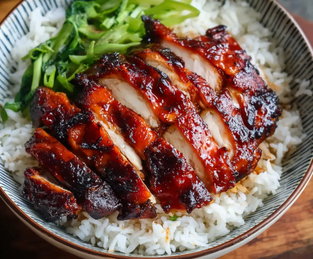 Juicy Char Siu Chicken with caramelized glaze and tender meat on a white plate.