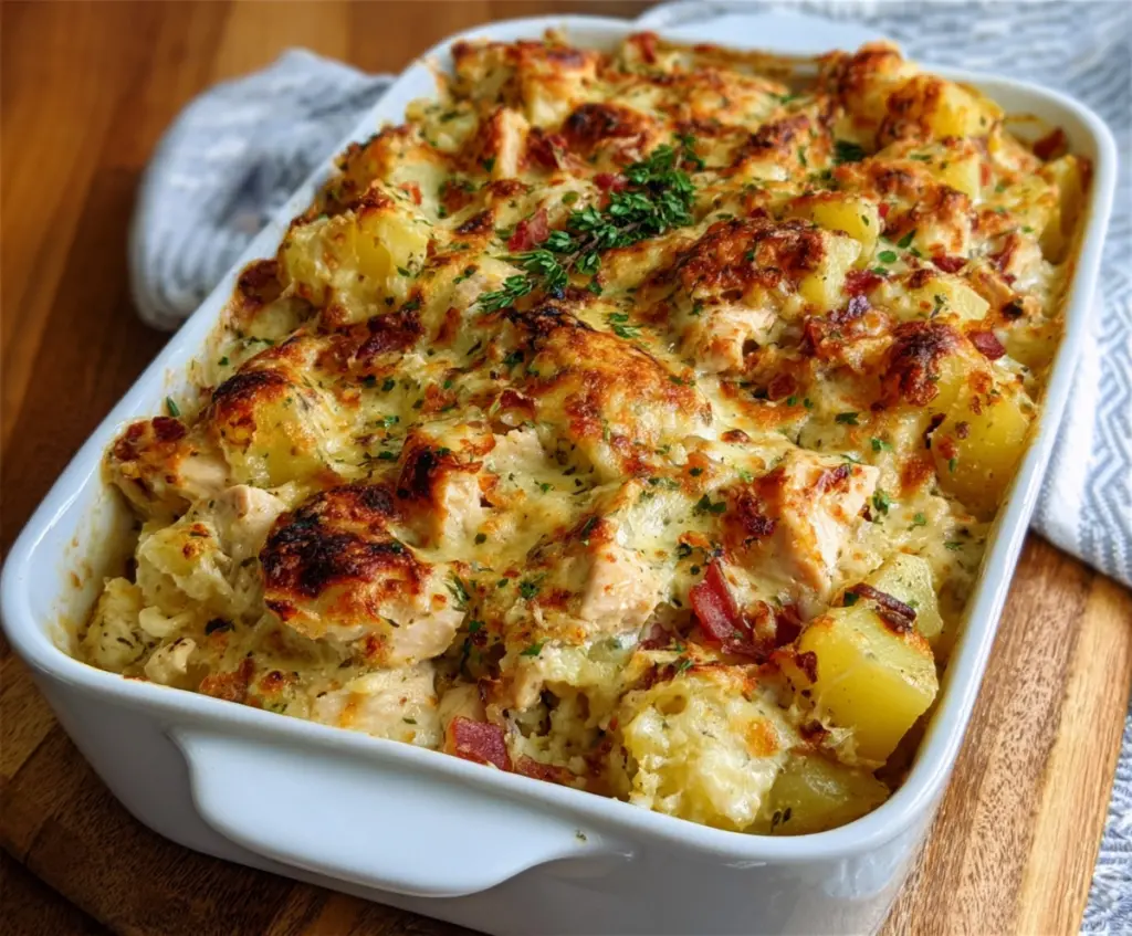 Delicious cheesy chicken and potato bake served on a plate with melted cheese and herbs